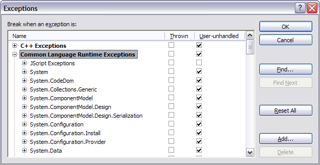 Debug Exceptions dialog